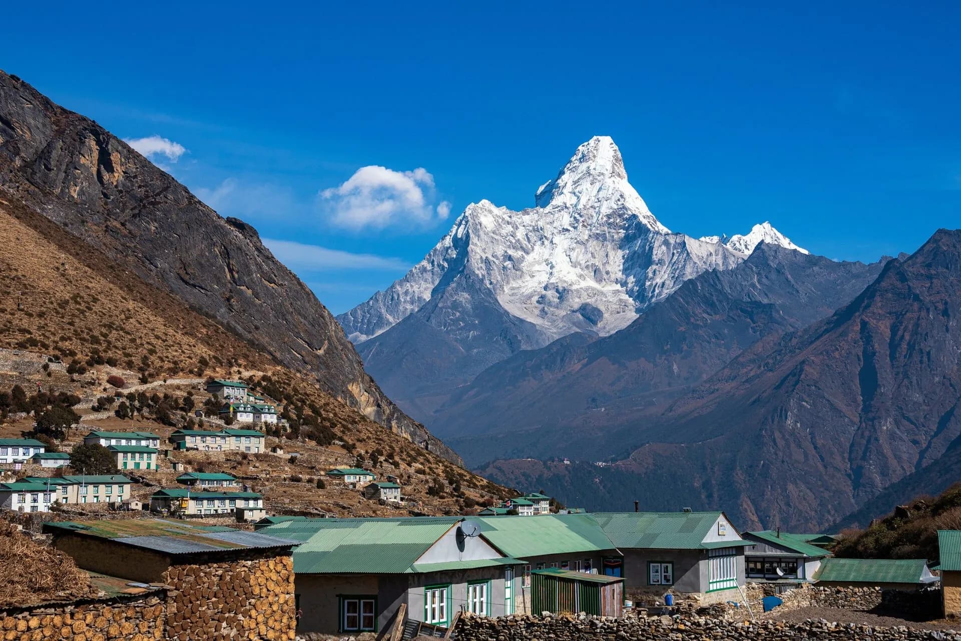 Khumjung, Nepal - November 22, 2019: Khumjung village located north of Namche bazaar on the way to Everest base camp Trekking in Nepal. Amazing view of Ama Dablam
