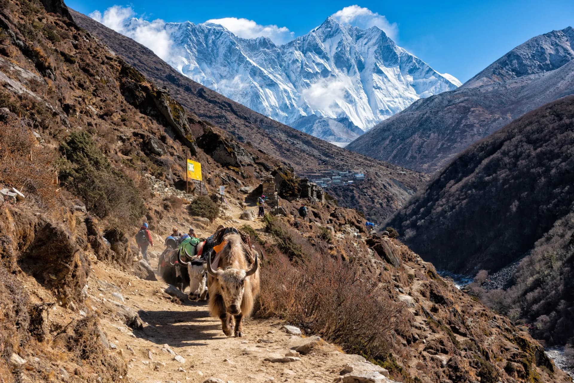 On the way to Everest base camp,Nepal pangboche village Nuptse Everest Lhotse peaks