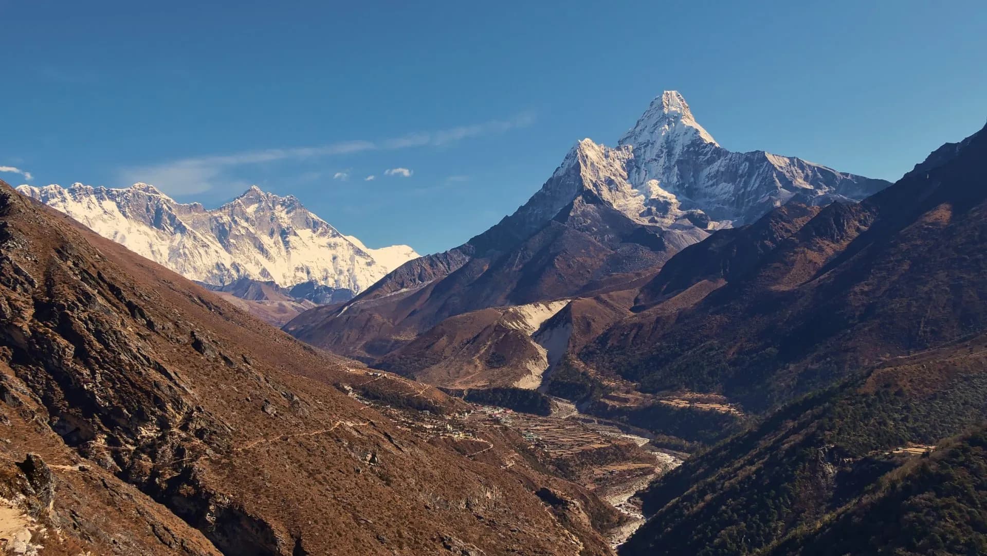 Spectacular panorama view of Sherpa village Pangboche (Panboche) in valley below majestic snow-capped mountain Ama Dablam and Mount Everest massif including Nuptse and Lhotse) in the Himalayas, Nepal.