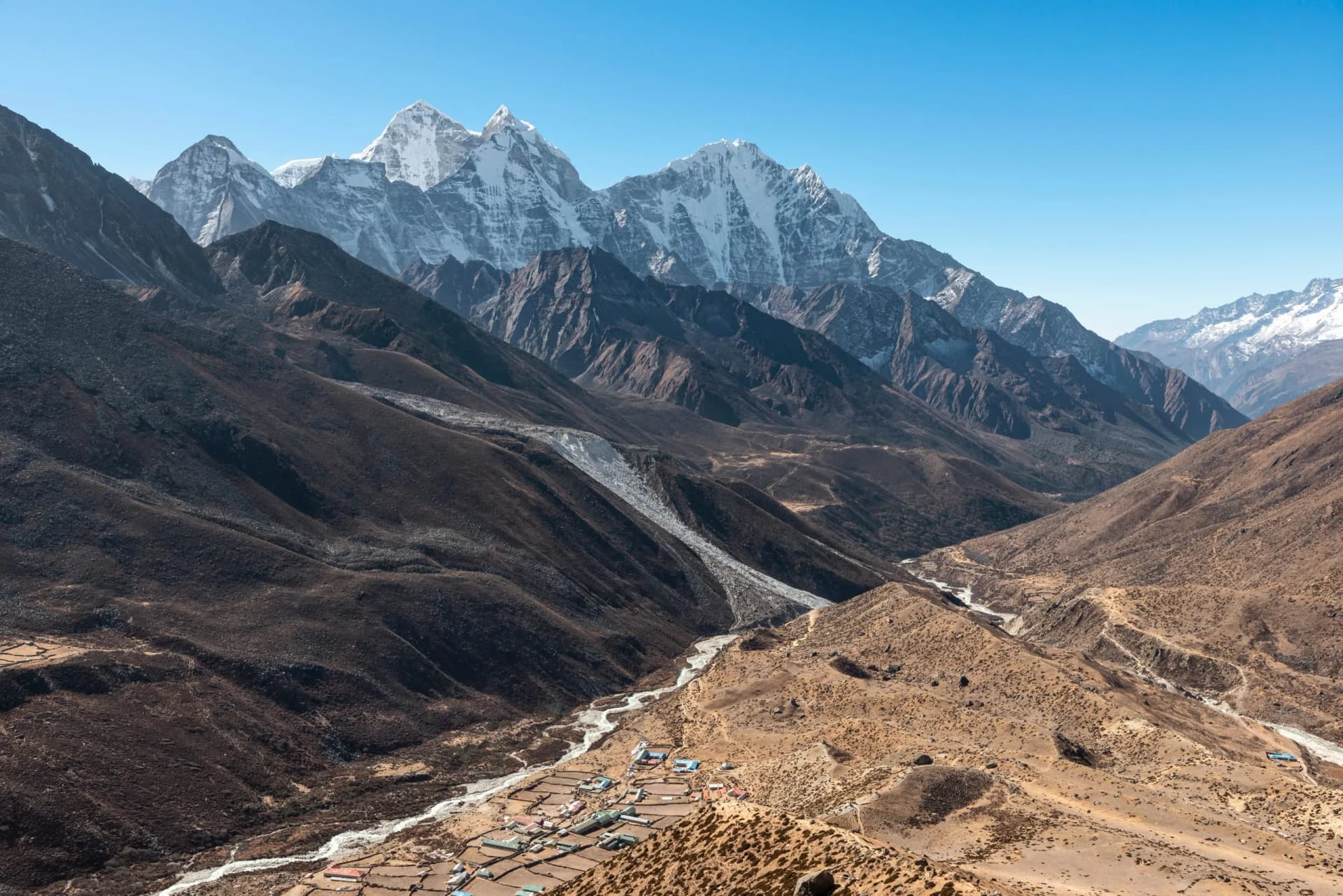 Kangtega and Thamserku looking over Dingboche and the Imja Khola valley.