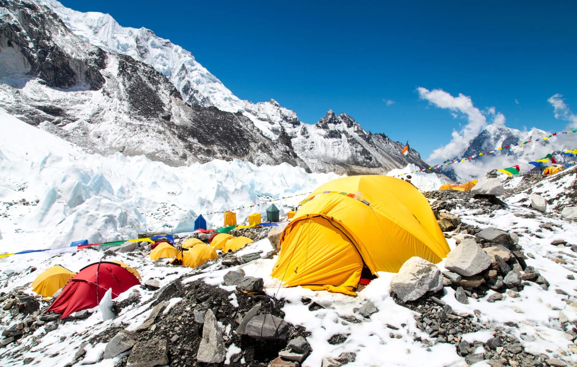 Mount Everest base camp, tents, Khumbu glacier and mountains, sagarmatha national park, trek to Everest base camp - Nepal Himalayas